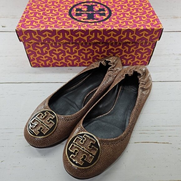 Tory‎ Burch Reva Coconut Brown Stingray Leather Ballet Flats Womens Size 8 - Picture 1 of 12